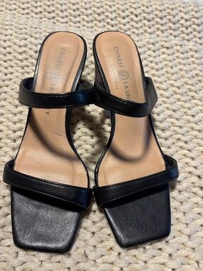 Chinese Laundry Black Double Strap Square Toe Mules